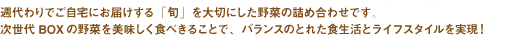 週代わりでご自宅にお届けする「旬」を大切にした野菜の詰め合わせです。
次世代BOXの野菜を美味しく食べきることで、バランスのとれた食生活とライフスタイルを実現！