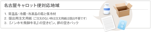 名古屋キャロット便対応地域：1.常温品・冷蔵・冷凍品の箱と保冷材　2.提出用注文用紙（ご注文のない時は注文用紙は提出不要です）　3.『ノンホモ飛騨牛乳』の空きビン、卵の空きパック